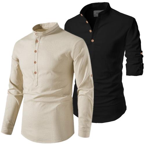 Univibe Men Cotton Beige_Black Color Full Sleeve Casual Mandarin/Chinese Collar Slim Fit Short Kurta For Men and Boys (Pack Of 2)