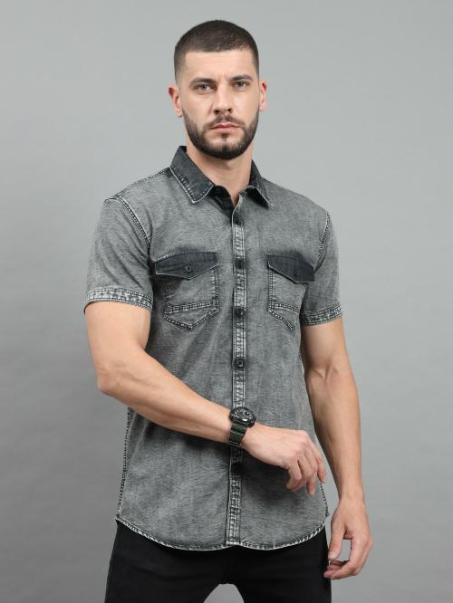 Buy 18+_024_DENIM SHIRT Men's Denim Cutaway Collar Slim Fit Half Sleeve