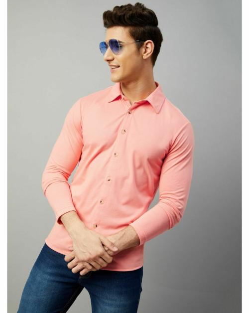 Gritstones Men Coral Color Full Sleeve Cotton Blend Plain Summer Shirts