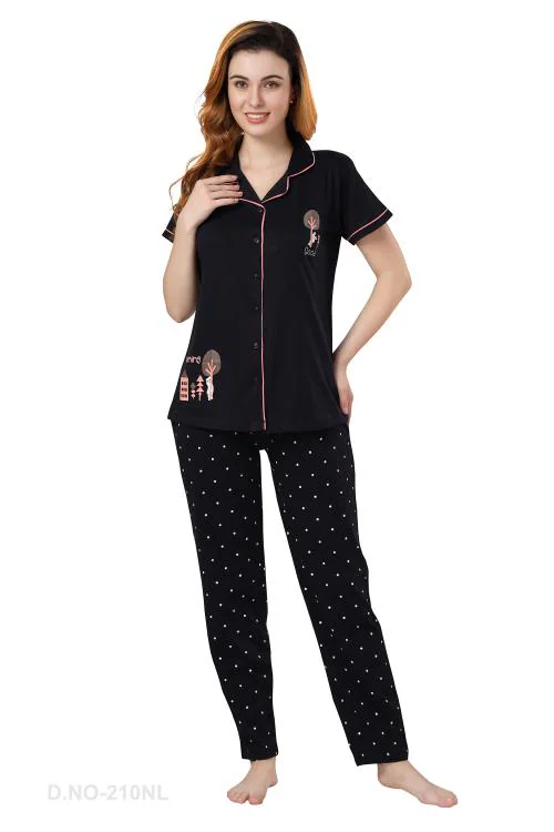 NIGHT VIEW Women's Cotton Printed Night Suit Set of Shirt & Pyjama for Womens.