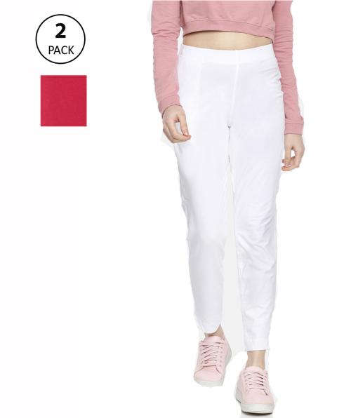 Dollar Missy Women Pack of 2 Straight Fit Solid Cigarette Trousers- P Red and White