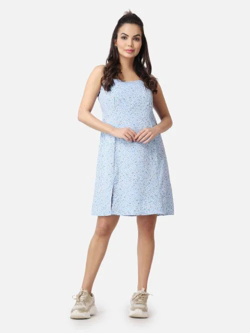 Pepfit Women Sky Blue Floral Printed Fit & Flare Knee Length Front Slit Dress