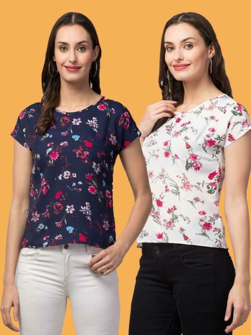 Kushi flyer Women Navy, White Floral Print Crepe Tops (Pack of 2)