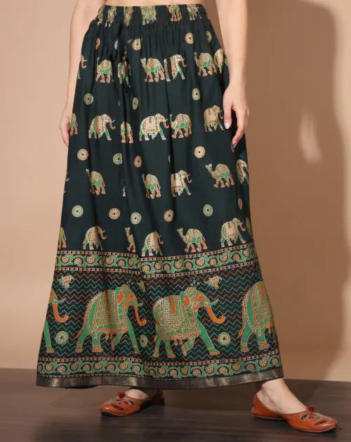 Buynewtrend Dark Green Cotton Ehtnic Printed Long Skirt For Women | skirt for women | skirt for women