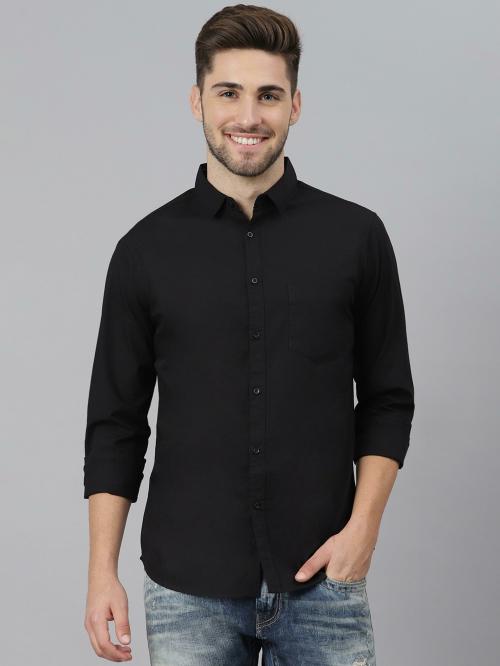 Dennis Lingo Men's Slim Fit Pure Cotton Solid Full Sleeves Casual Shirt (Black)
