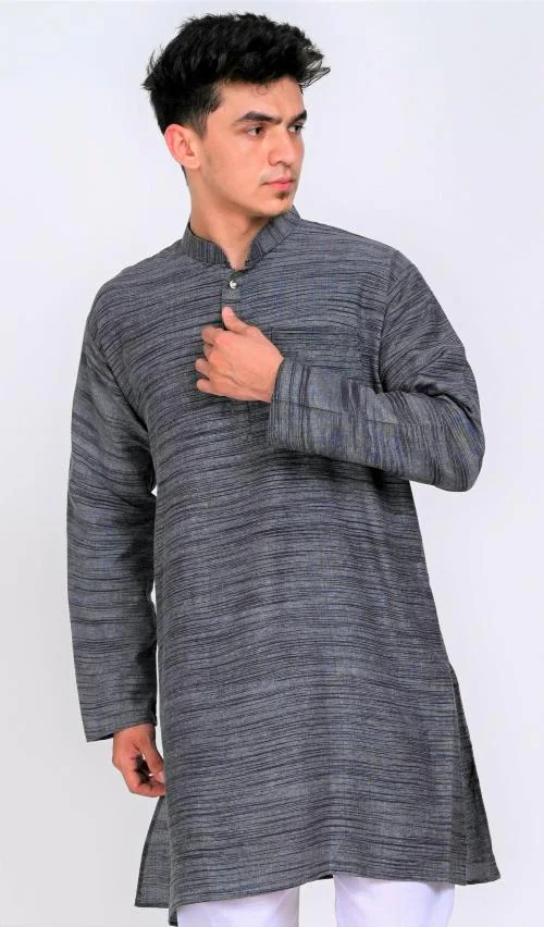VONIRY Men Cotton Khadi Dark Grey Kurta -M