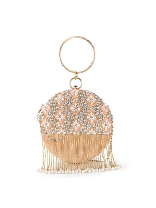Anekaant Gala Baby Pink, White & Gold Velvet Harlequin Embellished Clutch