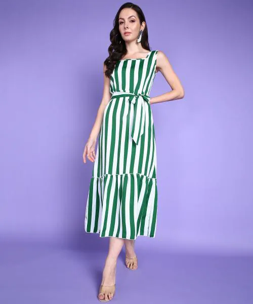 Popwings Women Casual Green & White Stripe Long Belt Dress | Latest Design Dress | Stylish Dress | Trendy Dress