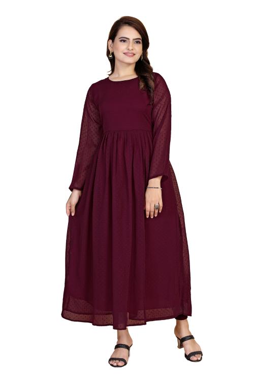 Reeta Fashion Designer WINE Georgette Butti Butti Work Gown - RFG008-XL
