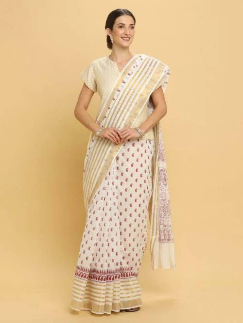 Manvish Drapes Women White Printed Pure Cotton Maheshwari Saree