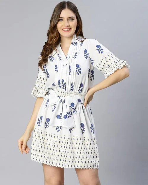 Capative white floral printed smocked & pleated women dress
