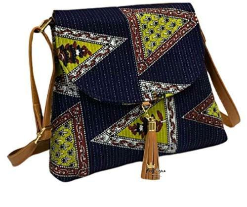 Feelorna Women Blue Cotton Handmade Printed Ikat Traditional Sling Bags