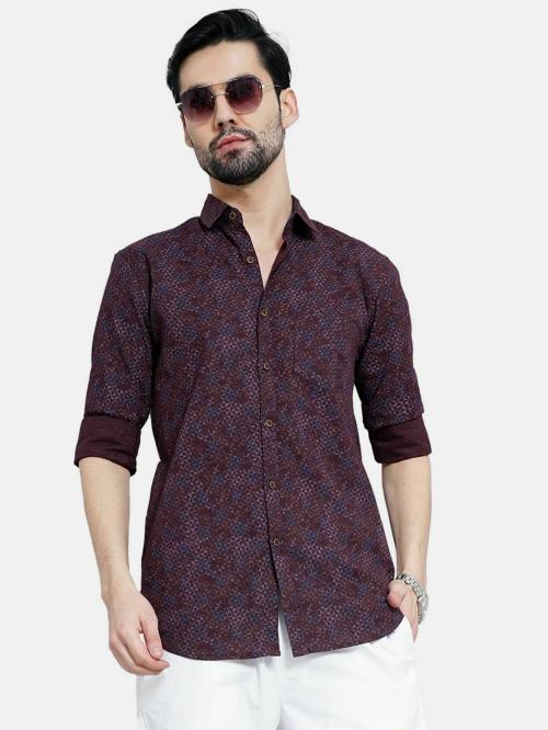 CAMISA 100% Cotton Linen Print Shirts Maroon Colour L Size| Slim Fit Casual Shirts| Linen Casual Shirts