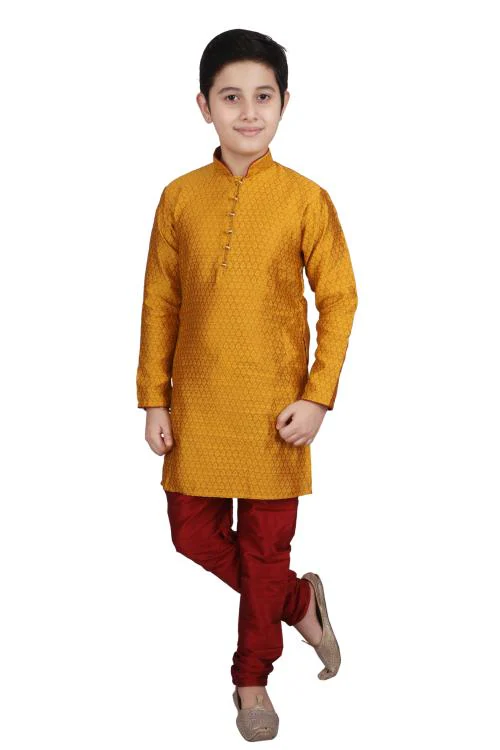 Pro-Ethic Style Developer Ethnic Wear Silk Mustard Kurta Pyjama Set for Boys