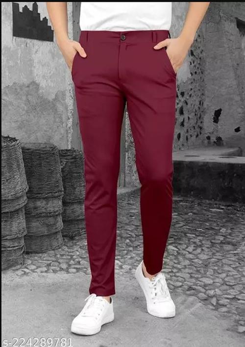 GANESHAM Men's Casual Stretchable Lycra Pants, Slim Fit Wear Trousers for Every Occasion (Maroon) (Size-XL)