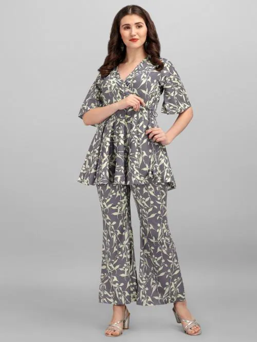 MATWALI Women Bright Grey Casual Floral Printed Top and Trouser Co-Ords Set, Size-3XL