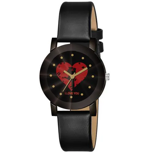 ILOZ New Latest Beautiful Black Stylish Round love Dial casual Leather watch For women Girls