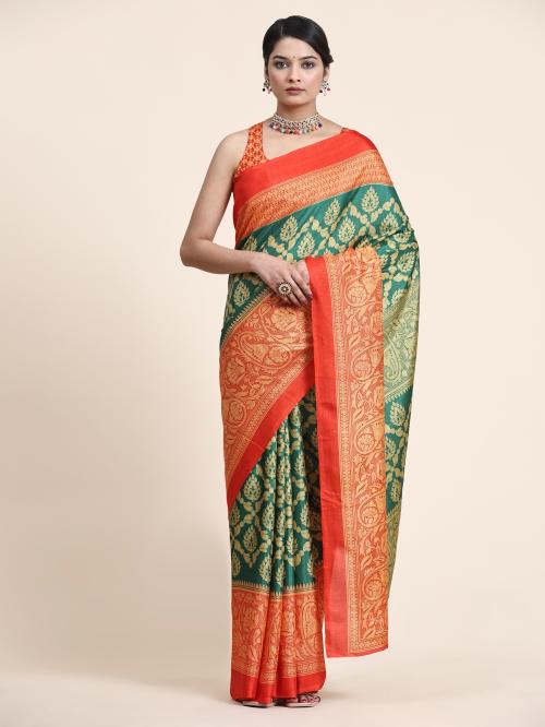 Rujave Women Green Polka Print Art Silk Assam Saree