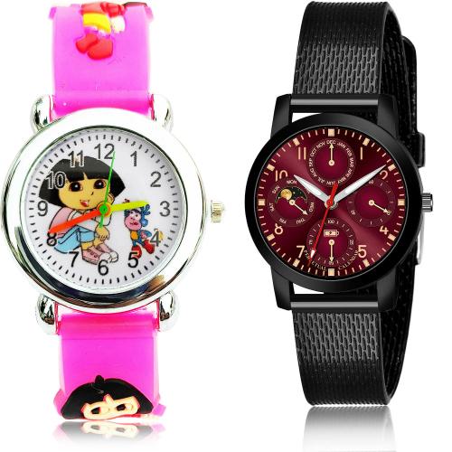 TIMENTER Modern Style Dora The Explorer Kids Pink And Black Colour Analog Plastic Belt 2 Watch Combo For Women And Girls - GC193-(12-L-10)