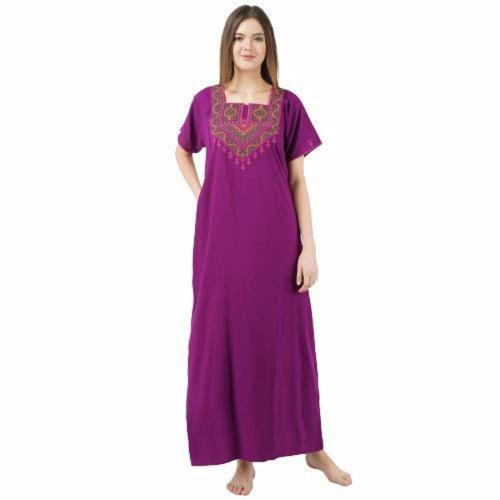 KOI SLEEPWEAR Premium Women Embroidery Night Gown Lizzybizzy Cotton Nighty Maxi (Free Size, Purple)
