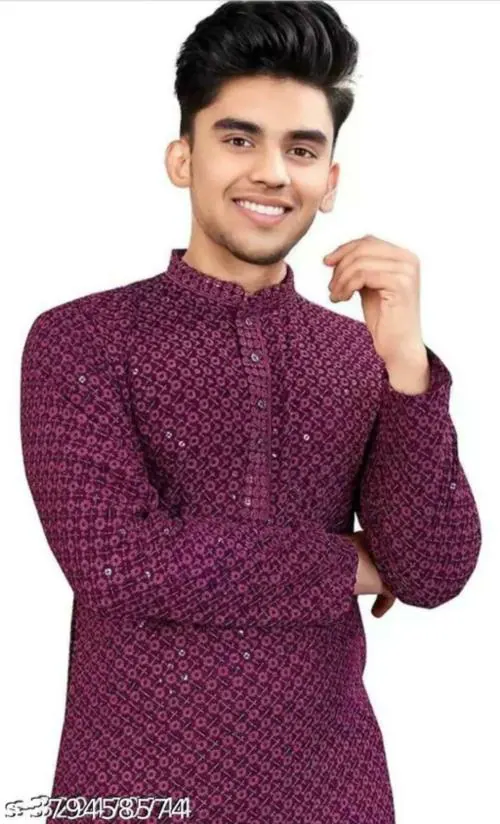 SONBAI Cotton Lukhnowi Chikankari Tikli Trending Jeans Kurta For Men (Only Kurta) Purple Color