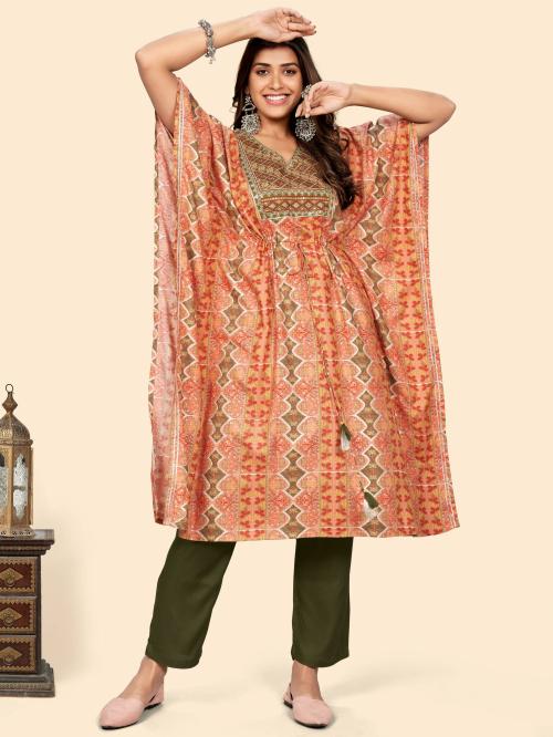 Vbuyz Women'S Embroidered & Sequience Rayon Orange Stitched Kaftan Kurta With Pant Set