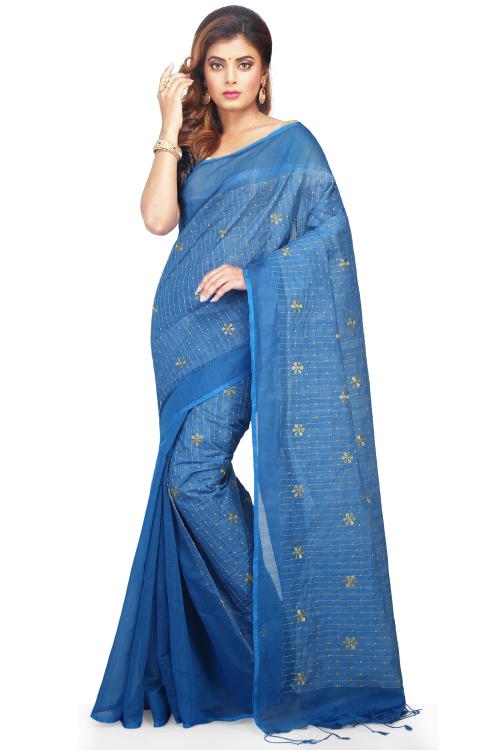 WoodenTant Women’s Blue color Handloom embroidery partywear cotton silk saree with blouse piece