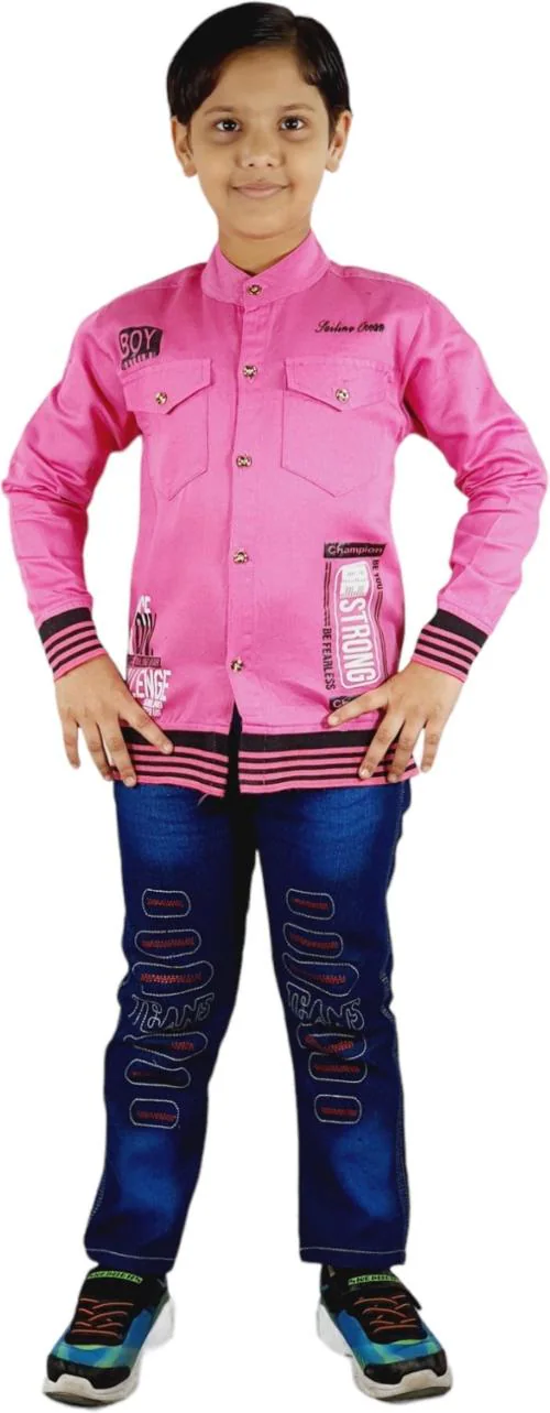 Ah Zeeshan Boys Pink Pure Cotton, Denim Shirt And Jeans (10 - 11 Years)