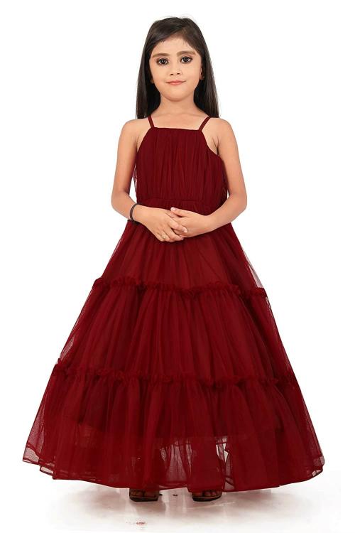 NOYYAL Girls Maxi Net & Satin Gown Dress for Kids-Maroon-7-8 Years