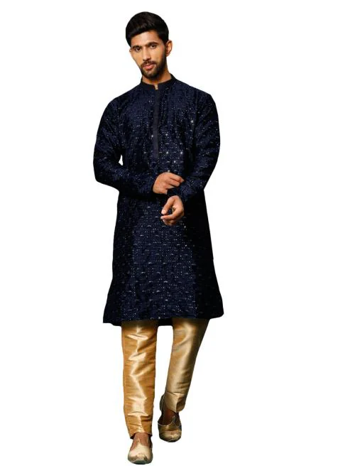 VASTRAMAY Men's Navy Blue And Rose Gold Silk Blend Kurta Pyjama Set
