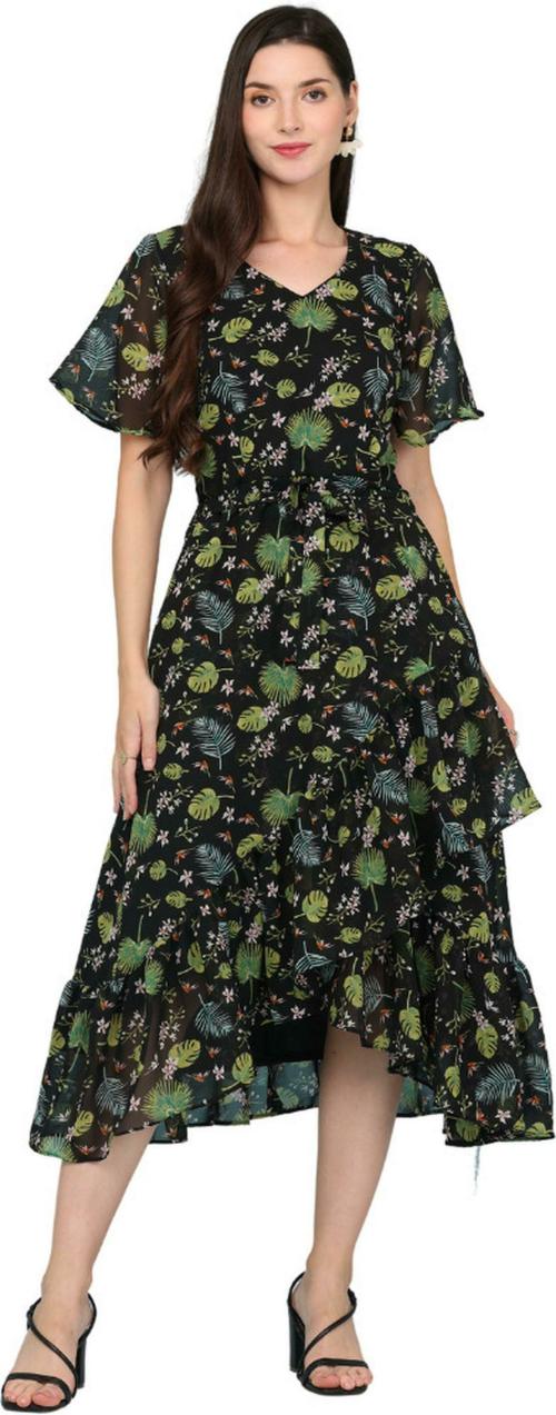 HSM HIGH Impero Women Dark Green Embroidered Georgette Calf/Three Fourth Length Flared/A-Line Gown