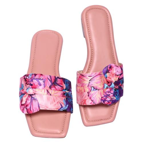 Simsan Pink Leafy Printed Slippers for Women