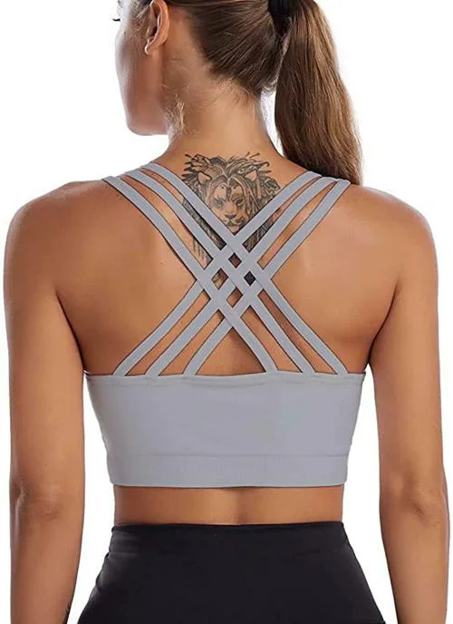 SHAPERX Women's Strappy Padded Sports Bra - Yoga Bras for Women Spaghetti Straps Yoga Bra Tops (S, Grey)