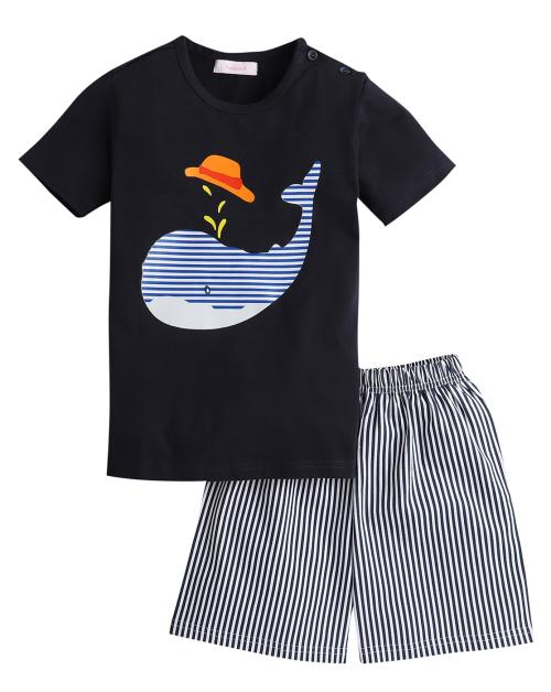 Hopscotch Baby Boys Cotton Graphic Print Tee and Shorts Set In Navy Colour For Ages 18-24 Months (TGX-1724581)
