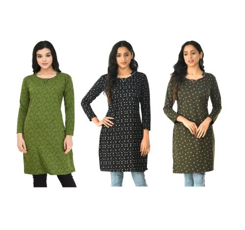KAYU Women Fleece Warm Printed Kurtis for Winters {Pack of 3} Multicolor