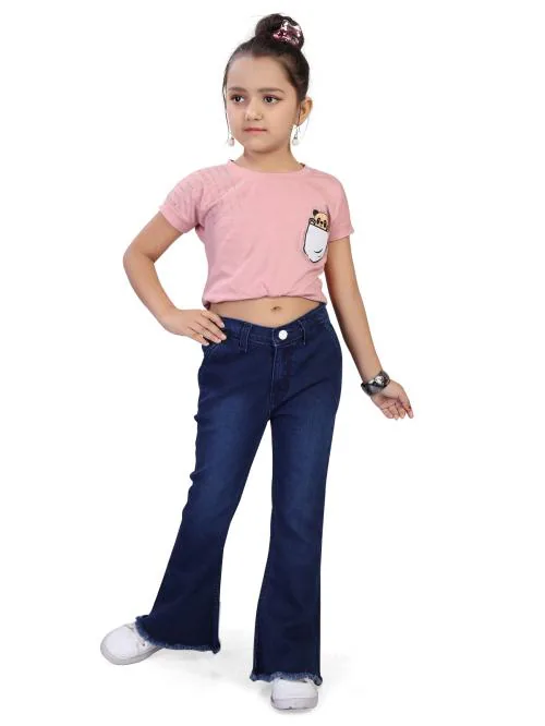 Reelize - Denim Jeans For Girls | Bell Bottom , Dark Blue | Kids Jeans , Single Button | 7 To 8 Years | Pack of 1