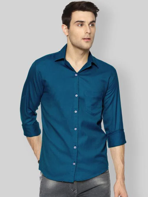 YHA Mens Ocean Blue Solid Cotton Shirt
