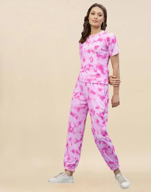 Prajval Women Pink Printed Cotton Lycra Co-Ords (L)