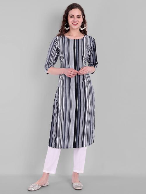 Awriya Women Grey Printed Crepe Straight Kurta With Attached Dupatta (Xl)