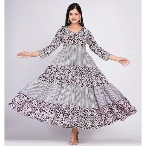 IQARA Premium 100% Rayon Floral Printed Long Gown For Women|Colour-Black|Size-4XL