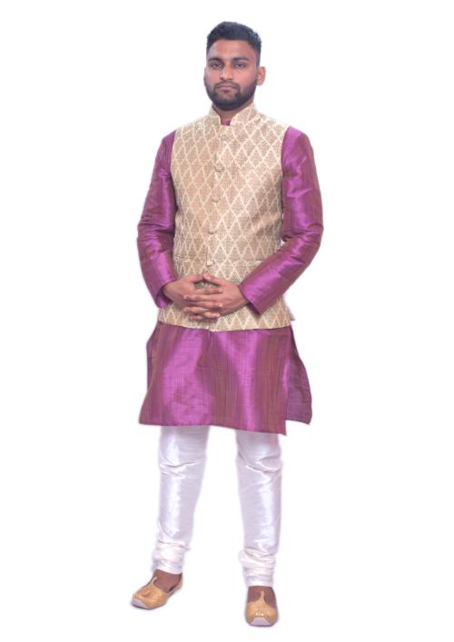 Mag Men's Purple Double Tone Kurta White Churidar With Grray Banarsi Waistcoat