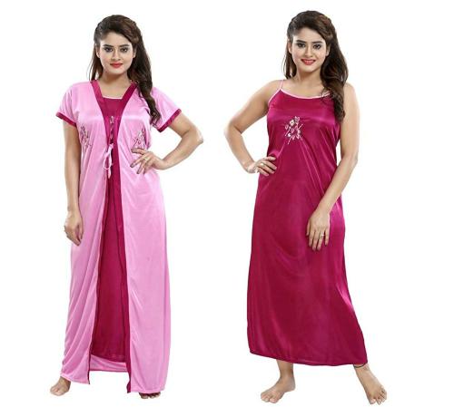 Zairra Women Pink Satin Nighty and Wrap Gown