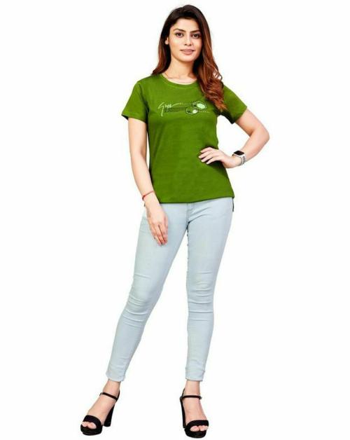 LADYBITE Women Green Typographic Cotton Blend T-Shirt - L
