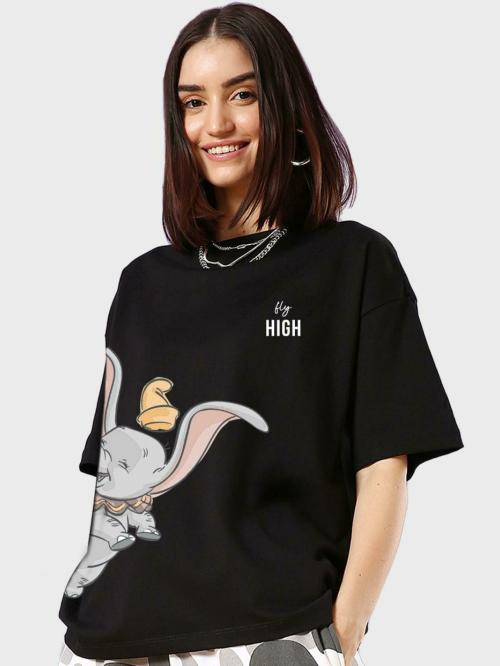 Bewakoof Women's Black Fly High Graphic Printed Round Neck Short Sleeve Oversized T-shirt