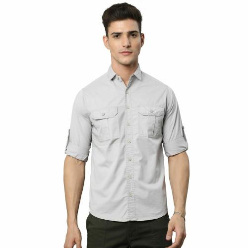 BEVDAAS Silver Adventure Solid Light Grey Cargo Shirt for Men