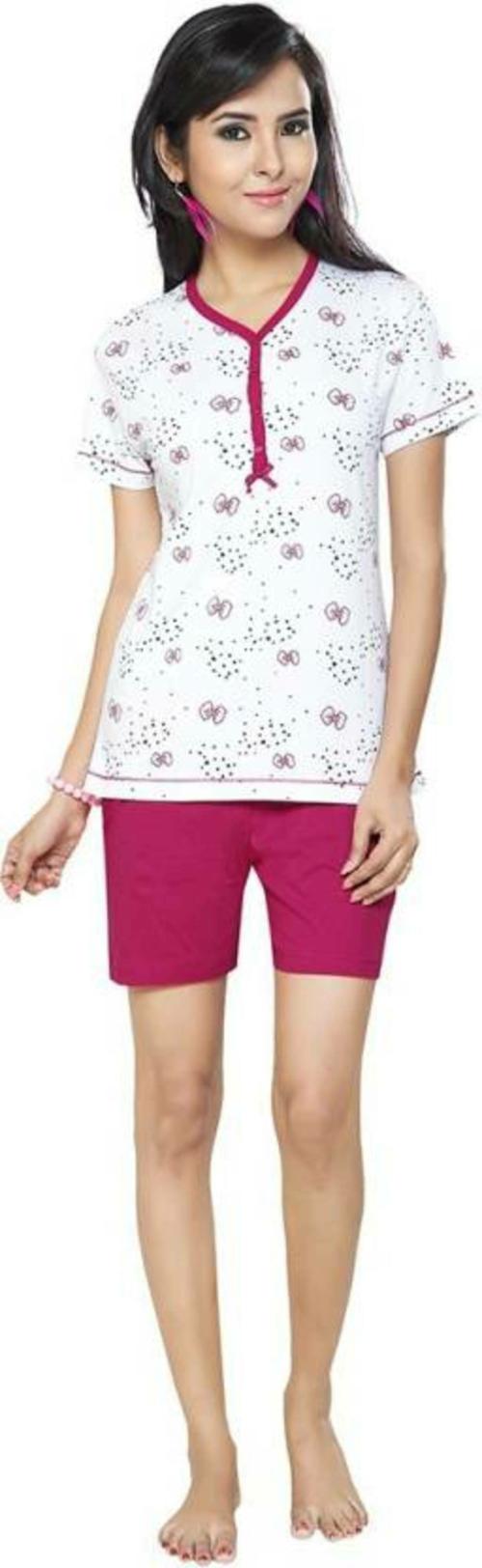 FLAMINGO LINGERIE Women Top & Pyjama Set White, Pink Printed, Solid - M