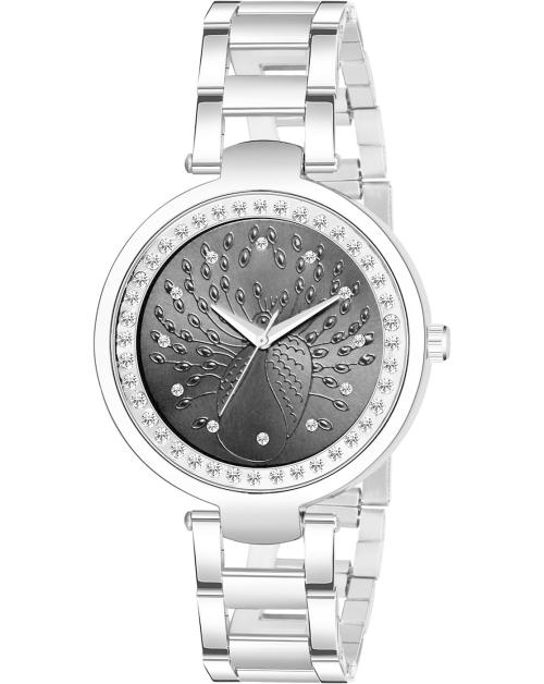 Just Like Analog Diamond Wrist Watch Black Silver for Girls (Pack of 1)