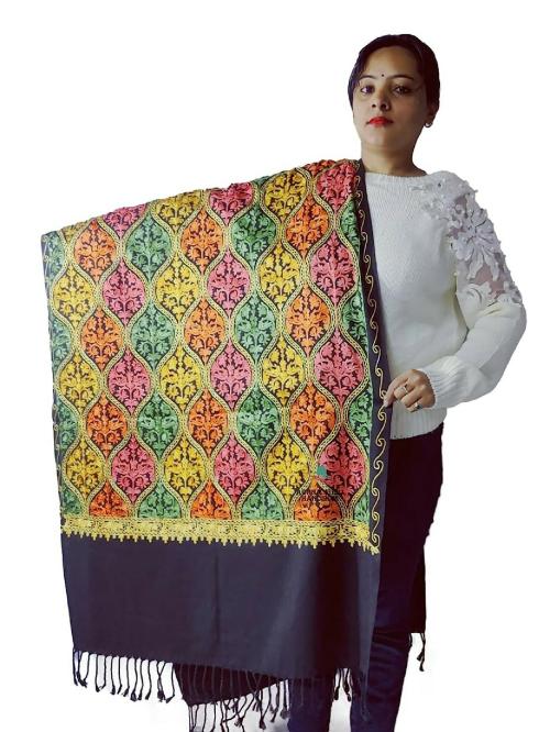 Buy ARUNA KULLU HANDLOOM embroidered Kashmiri stole black Online at