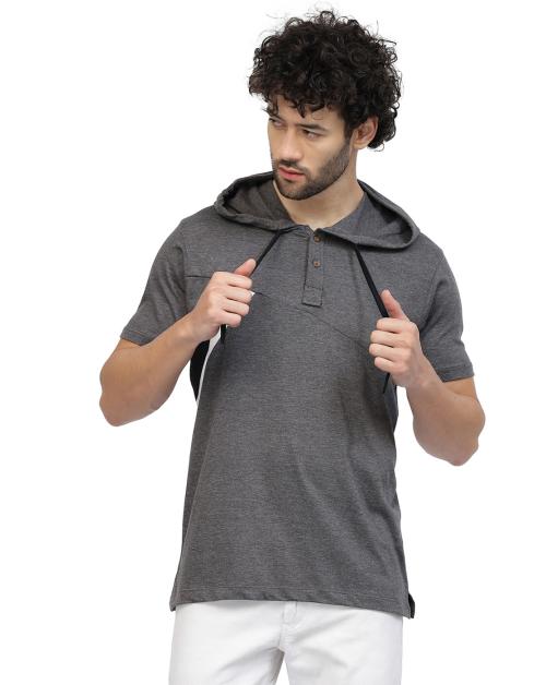 Kalt Men Dark Grey Black Colour Block Cotton Blend Hoodie T-Shirt