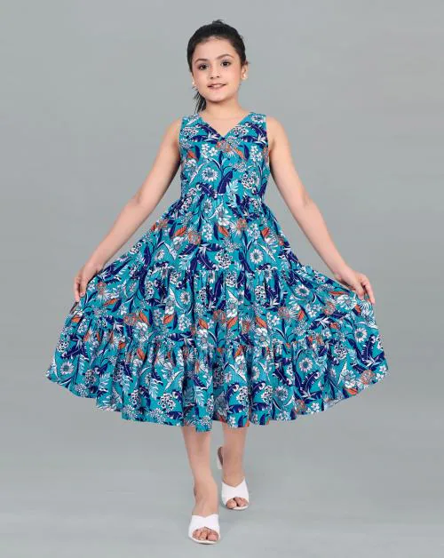 Fashion Dream Girls Blue Floral Crepe Pack Of 1 Frock | Dresses | Kids Wear | Girls Dress | Kids Dress | Frock | Frock Girls | Girls Frock | Dresses For Girls | Kids Girl Dress | Frock For Girls